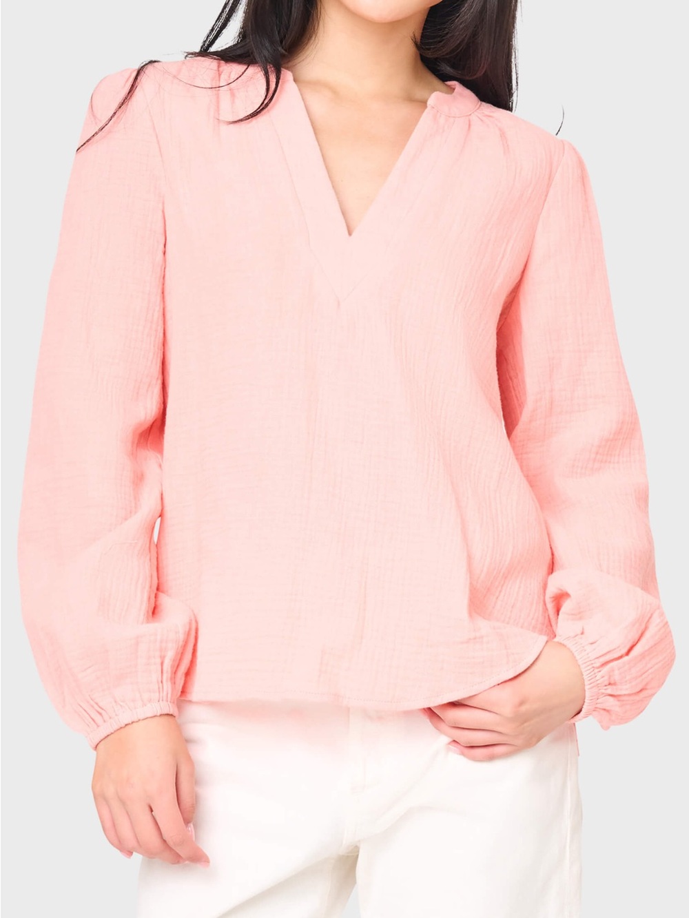 Gibsonlook Meadow Bracelet Sleeve V-Neck Gauze Top, Medium, Peach